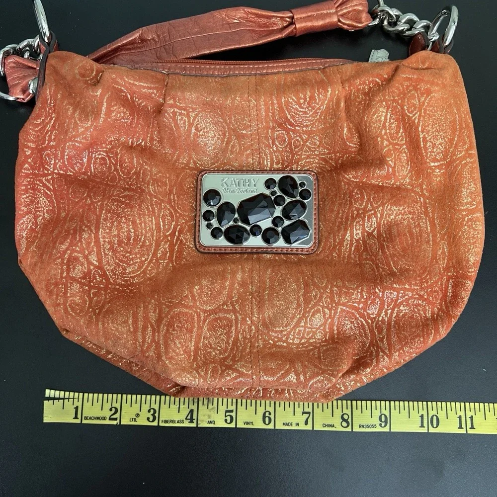 Kathy Van Zeeland Y2K Crown Print Hobo Bag Chain Link MCBling Logo Faux Suede